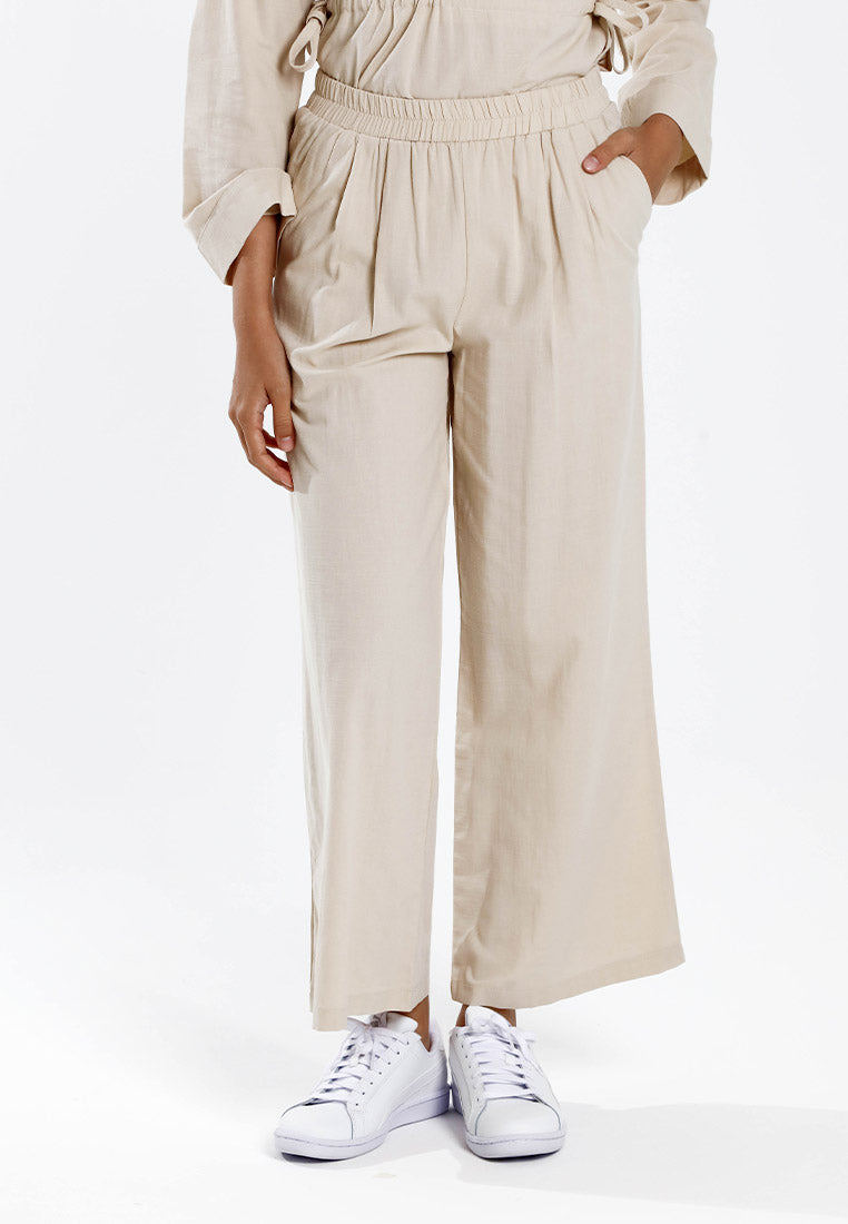 Forest Ladies Cotton Linen Pleated Wide Leg Pants Women Elastic Waist Long Pants | Seluar Panjang Palazzo - 810514