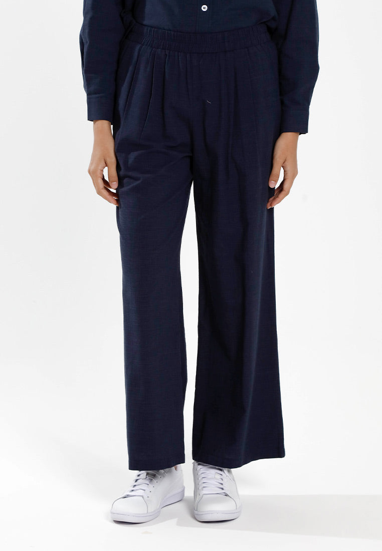 Forest Ladies Cotton Linen Pleated Wide Leg Pants Women Elastic Waist Long Pants | Seluar Panjang Palazzo - 810514