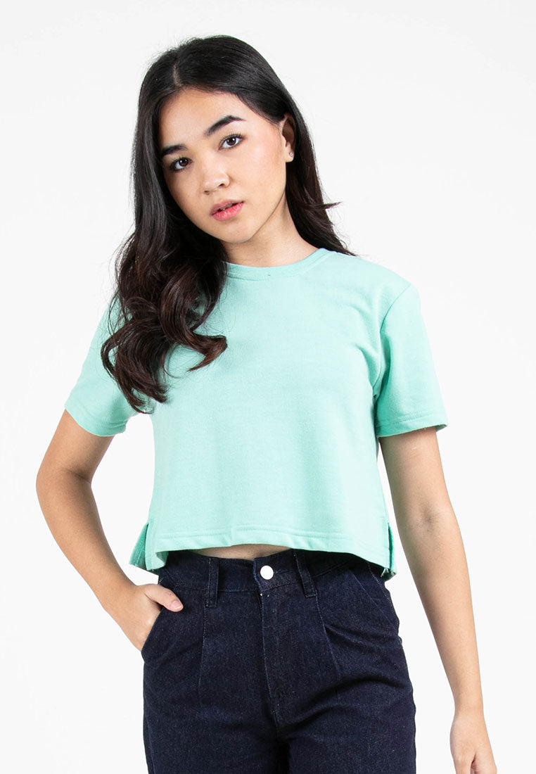 Forest Ladies Round Neck Cotton Terry Boxy Croped Top | Baju T-Shirt Perempuan - 822264