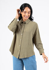 Forest Ladies Woven Long Sleeve Plain Oversized Shirt | Baju Kemeja Perempuan - 822367
