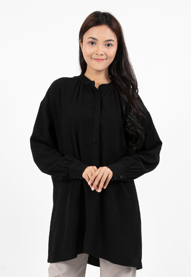 Forest Ladies Linen Oversized Band Collar Plain Blouse Women Long Sleeve Tunic | Baju Perempuan - 822391