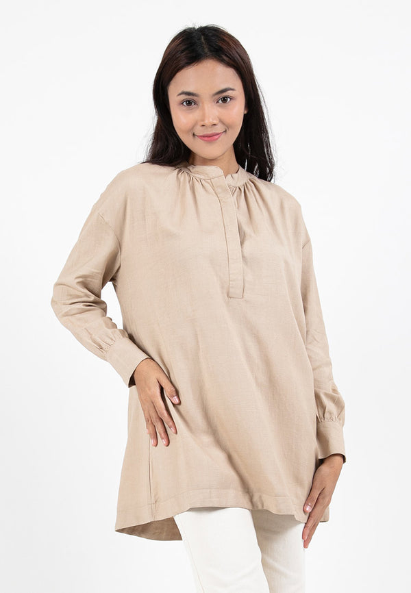 Forest Ladies Linen Oversized Band Collar Plain Blouse Women Long Sleeve Tunic | Baju Perempuan - 822391