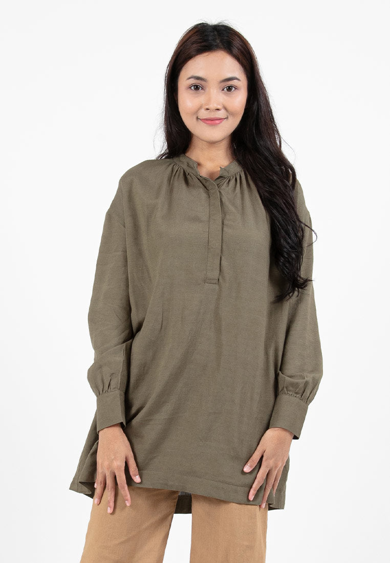 Forest Ladies Linen Oversized Band Collar Plain Blouse Women Long Sleeve Tunic | Baju Perempuan - 822391