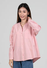 Forest Ladies Oversized Cotton Poplin V-Neck Blouse Women Long Sleeve Plain Blouse | Baju Perempuan -  822392