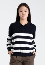 Forest Ladies Casual Striped Polo Long Sleeve Sweater Knit Top | Baju Lengan Panjang Perempuan - 822395