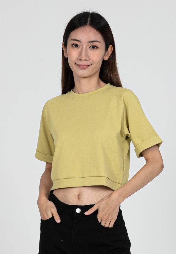 Forest Ladies Cotton Interlock Raglan Sleeve Round Neck Plain Cropped Top Ladies Casual Crop T-Shirt - 822407