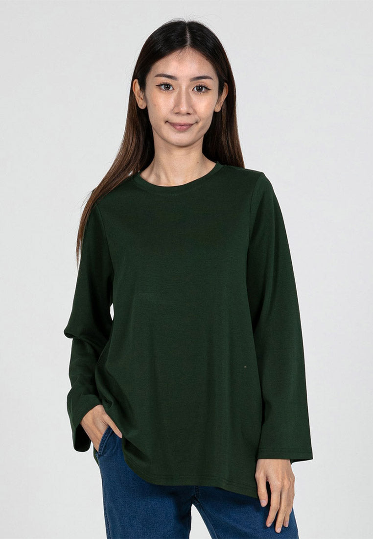 Forest Ladies Cotton Interlock Long Sleeve Round Neck T-Shirt Women Loose Fit | Baju Lengan Panjang Perempuan- 822414