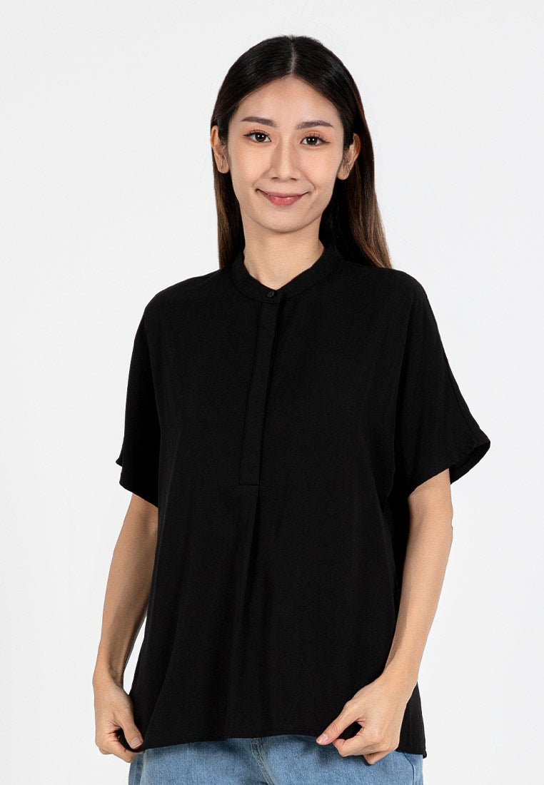 Forest Ladies Rayon Lyocell Band Collar Plain Blouse Women Short Sleeve Blouse | Baju Kemeja Perempuan - 822415