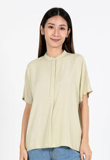 Forest Ladies Rayon Lyocell Band Collar Plain Blouse Women Short Sleeve Blouse | Baju Kemeja Perempuan - 822415