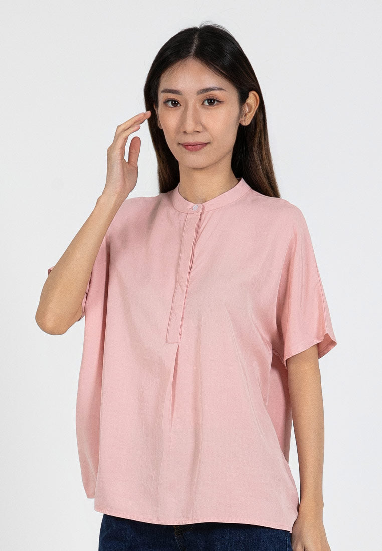 Forest Ladies Rayon Lyocell Band Collar Plain Blouse Women Short Sleeve Blouse | Baju Kemeja Perempuan - 822415