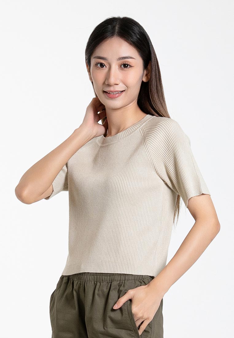 Forest Ladies Round Neck Knit Top Women Raglan Sleeve Cropped Top - 822426