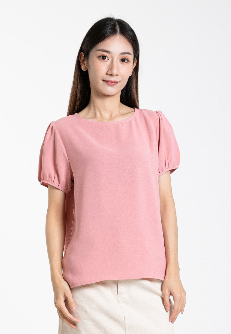 Forest Ladies Polyester Puff Sleeve Blouse Women Short Sleeve Plain Blouse - 822455