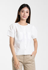 Forest Ladies Cotton Button Blouse Women Short Sleeve Pocket Blouse - 822458