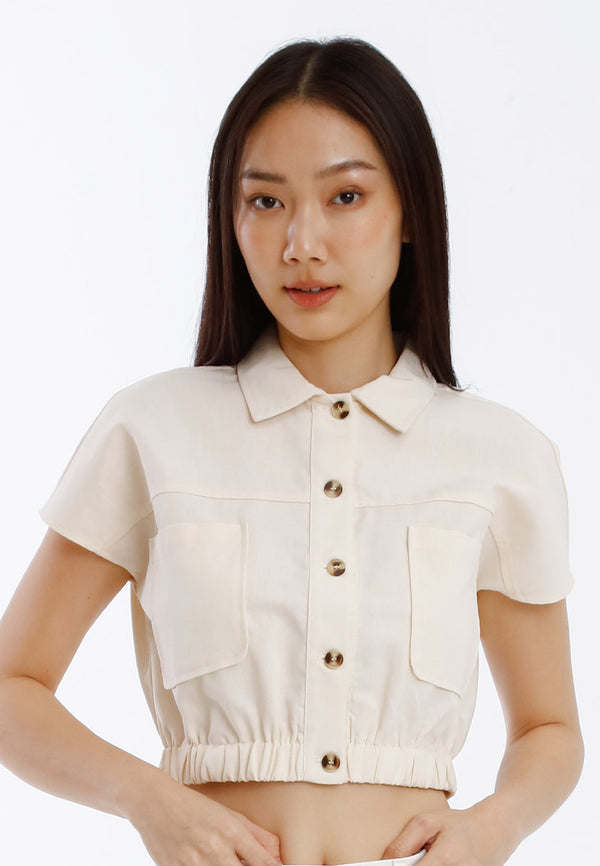 Forest Ladies Cotton Linen Cropped Shirt Women Button Up Collar Cropped Top - 822460