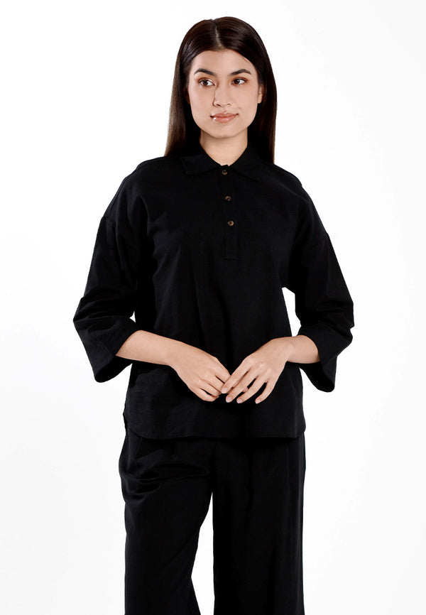 Forest Ladies Cotton Linen 3/4 Sleeve Collar Blouse Women Shirt | Baju Kemeja Perempuan Lengan Panjang - 822474