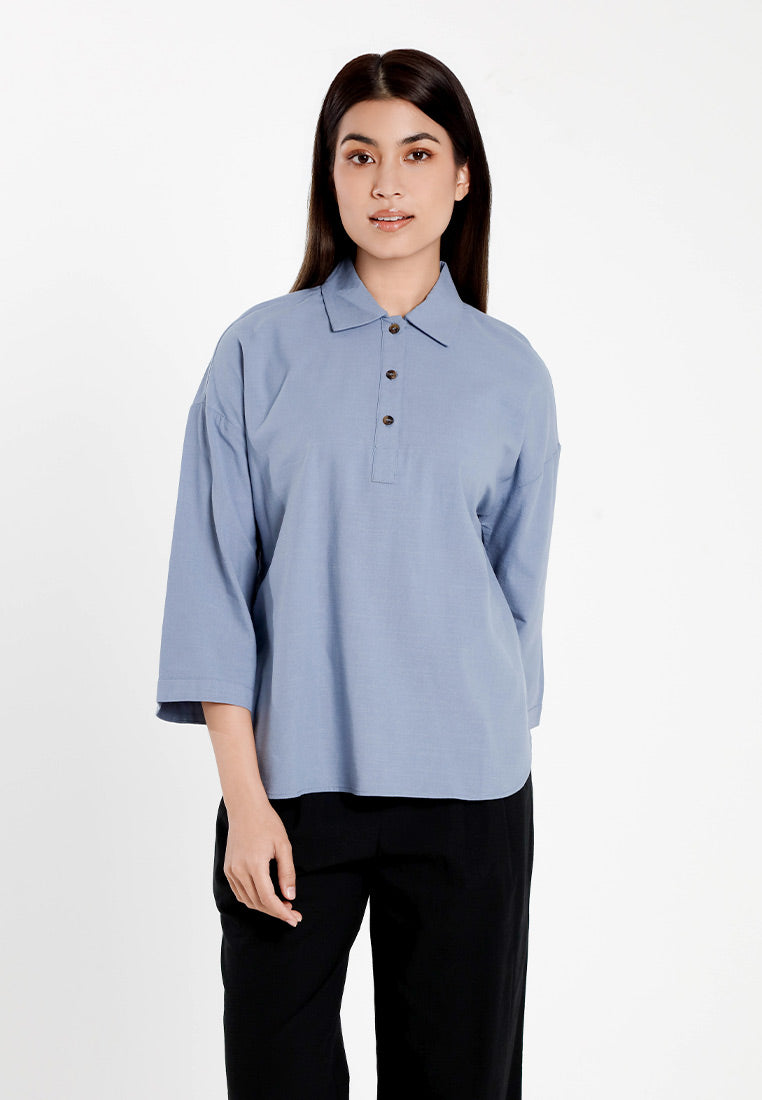 Forest Ladies Cotton Linen 3/4 Sleeve Collar Blouse Women Shirt | Baju Kemeja Perempuan Lengan Panjang - 822474