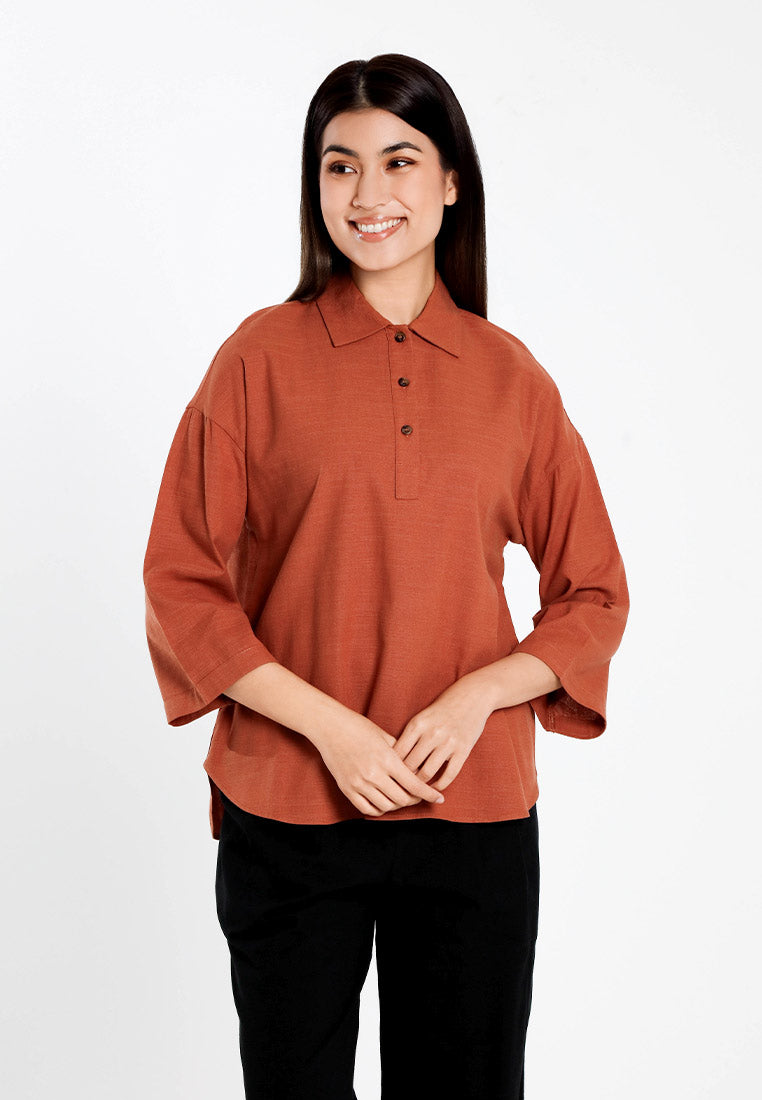 Forest Ladies Cotton Linen 3/4 Sleeve Collar Blouse Women Shirt | Baju Kemeja Perempuan Lengan Panjang - 822474