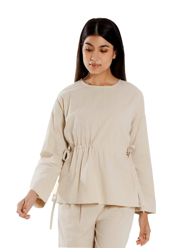 Forest Ladies Cotton Linen Ruched Waist Blouse Women Plain Blouse | Baju Perempuan Lengan Panjang - 822475