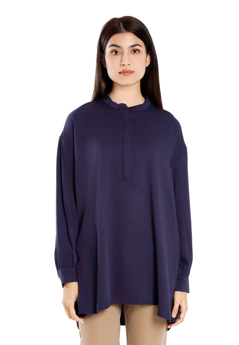 Forest Ladies Rayon Oversized Band Collar Plain Blouse Women Long Sleeve Tunic | Baju Perempuan - 822505