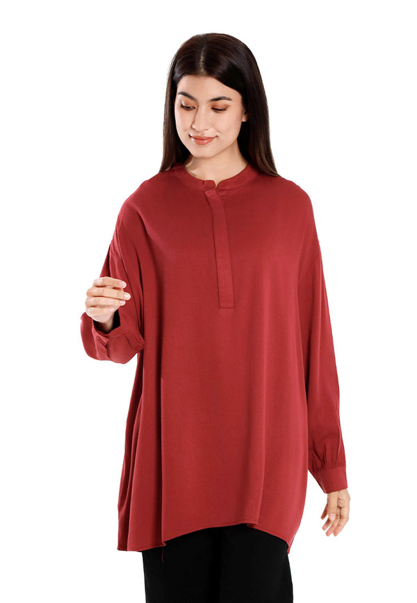 Forest Ladies Rayon Oversized Band Collar Plain Blouse Women Long Sleeve Tunic | Baju Perempuan - 822505