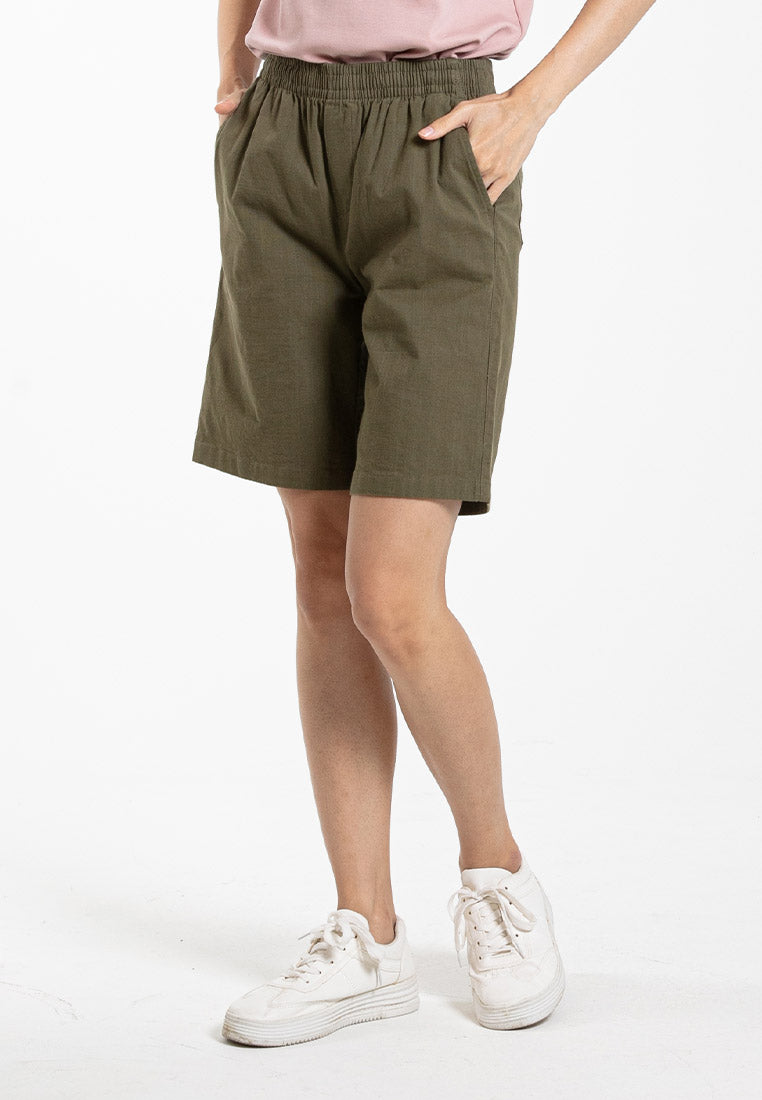 Forest Ladies Stretchable Cotton Linen Shorts Elastic Waist Women Casual Short Pants | Seluar Pendek Perempuan - 865112