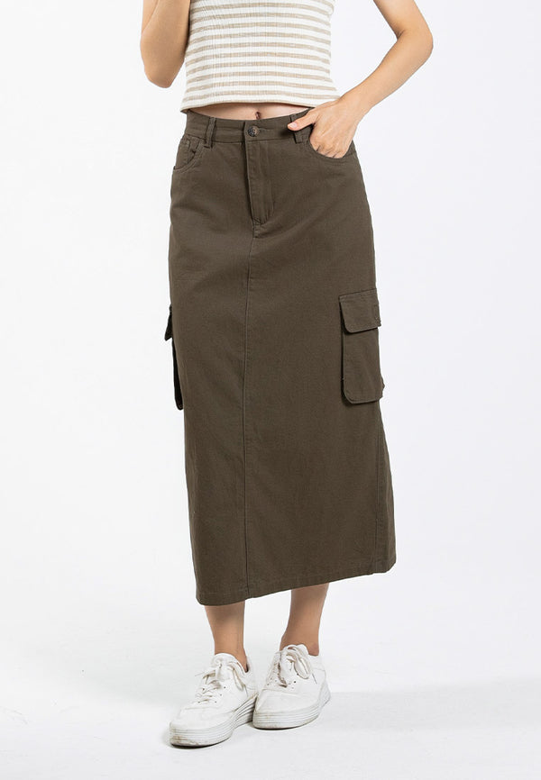 Forest Ladies Cotton Twill Elastic Waisted Cargo Skirt Women Midi Skirt - 880009