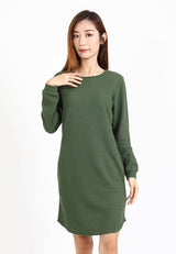 Forest Ladies Waffle Cotton Long Sleeve Round Neck Dress Women | Baju Perempuan Lengan Panjang - 885037