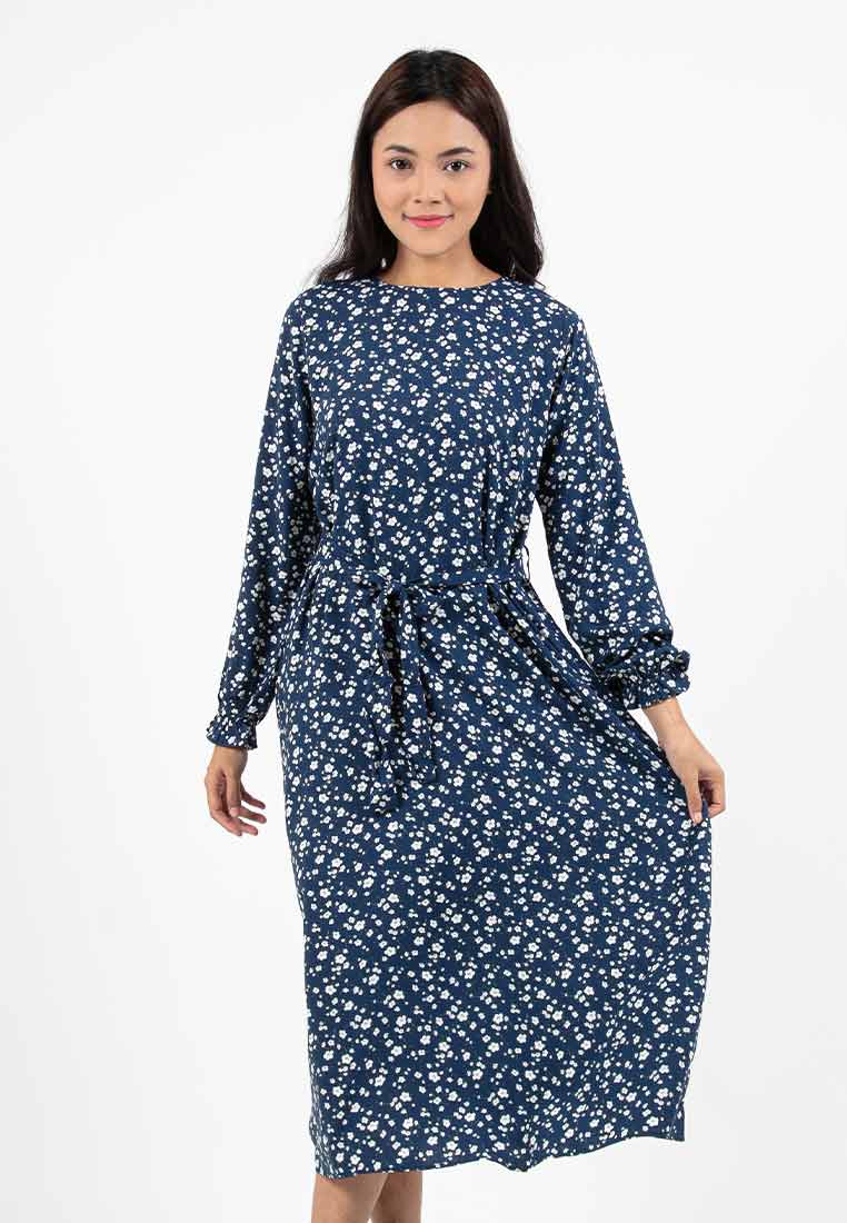 Forest Ladies Rayon Floral Pattern Long Sleeve Midi Dress Women Dress | Baju Lengan Panjang Perempuan - 885072