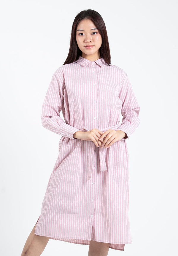 Forest Ladies Oversized Cotton Striped Shirt Dress Women Long Sleeve Shirt Dress Tunic| Baju Kemeja Perempuan - 885077