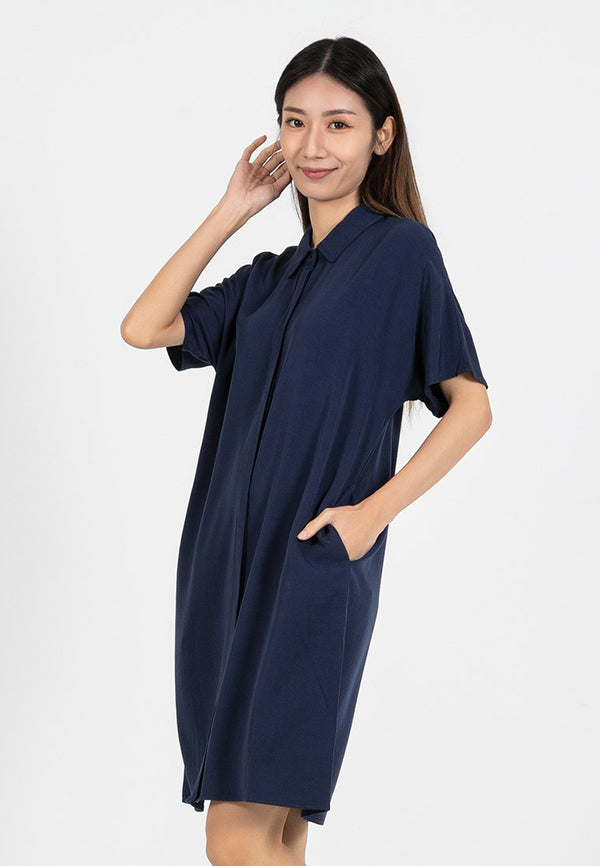 Forest Ladies Rayon Lyocell Plain Shirt Dress Women Short Sleeve Shirt Dress| Baju Kemeja Perempuan - 885078