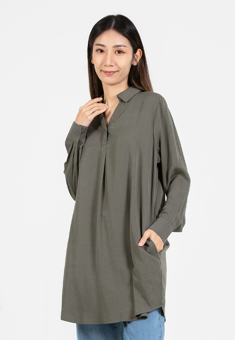 Forest Ladies Rayon Lyocell Shirt Dress Women Long Sleeve Tunic Dress | Baju Kemeja Lengan Panjang Perempuan - 885079