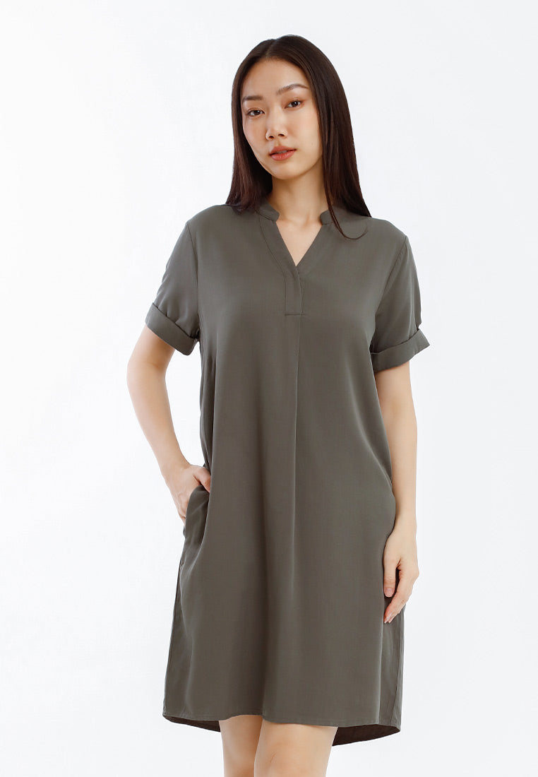 Forest Ladies Rayon Lyocell Collar Plain Shirt Dress Women Short Sleeve Dress - 885098