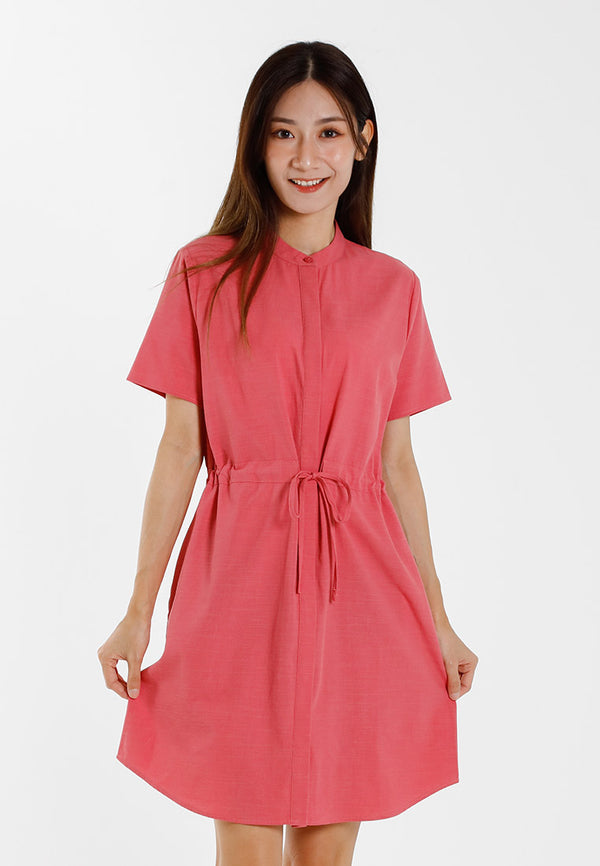 Forest Ladies Cotton Linen Band Collar Short Sleeve Drawstring Shirt Dress - 885099