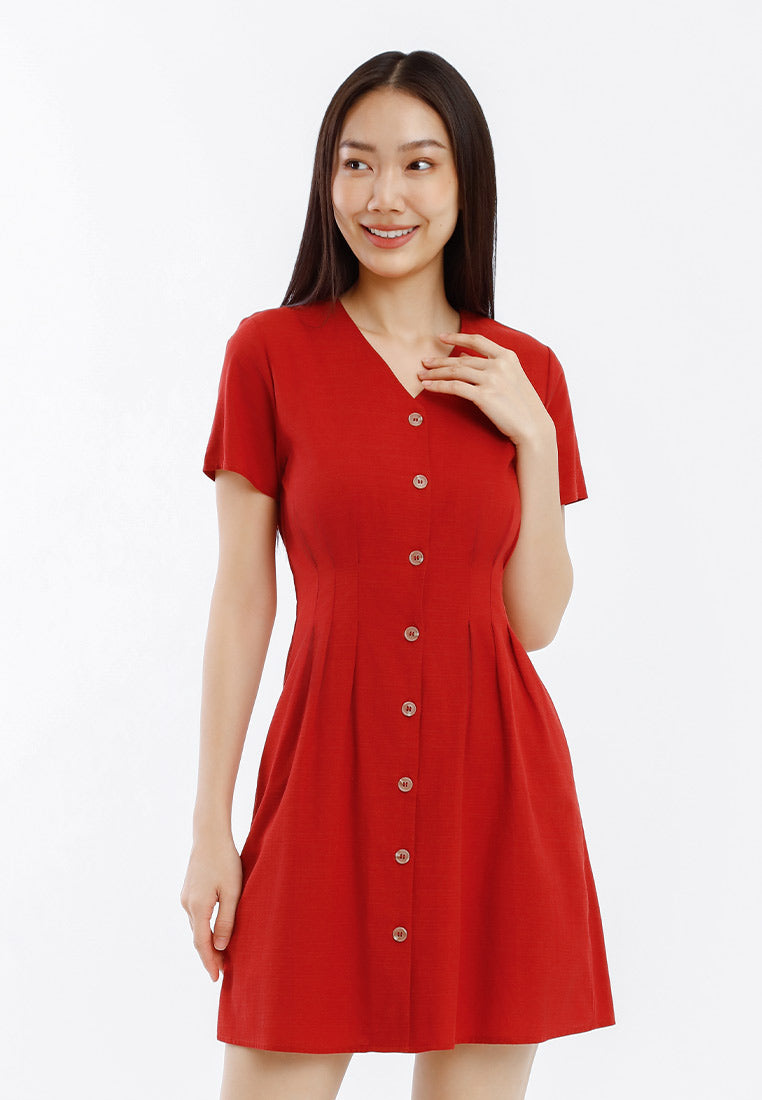 Forest Ladies Cotton Linen Dress Women Button Up V-Neck Dress - 885101