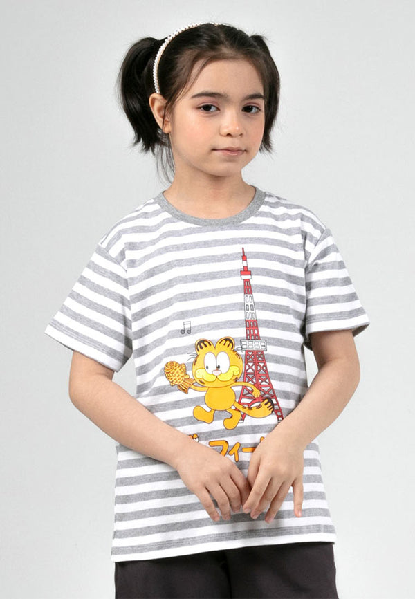 Forest X Garfield Unisex Kids Cotton Interlock Stripe Short Sleeve Kids Tee | Baju T-shirt Budak - FGK20012