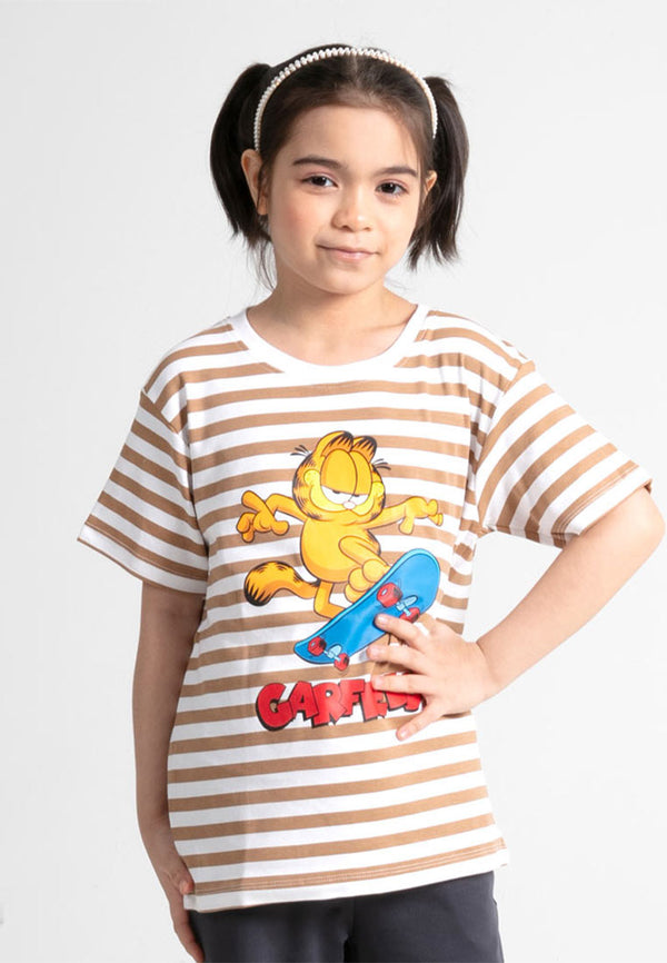 Forest X Garfield Unisex Kids Cotton Interlock Stripe Short Sleeve Kids Tee | Baju T-shirt Budak - FGK20013