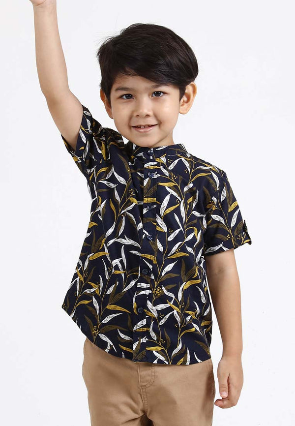 Forest Kids Woven Boy Stand Collar Floral Pattern Short Sleeve Shirt Kids l Baju Budak Lelaki - FK20108