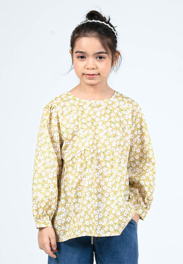 Forest Kids Girls Floral Pattern Cotton Blouse Woven Long Sleeve Top | Baju Budak Perempuan - FK820083