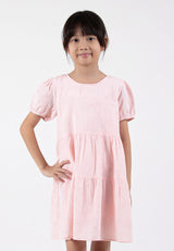 Forest Kids Girl Textured Cotton Puff Sleeve Tiered Dress | Baju Budak Perempuan - FK885065