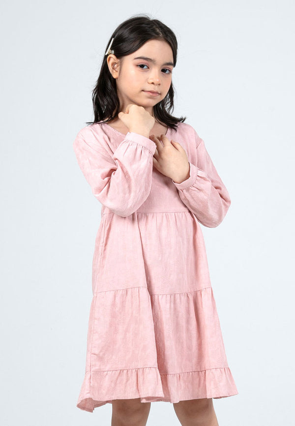 Forest Kids Girls Cotton Jacquard Long Sleeve Tiered Dress with Cotton Lining | Baju Budak Perempuan - FK885072