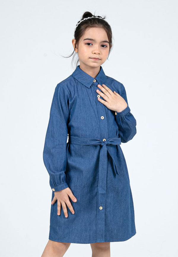 Forest Kids Girls Chambray Denim Shirt Dress Long Sleeve Dress | Baju Budak Perempuan - FK885073