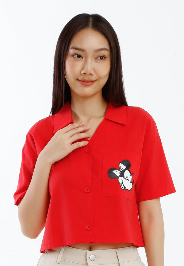 Forest x Disney Minnie Mouse Ladies Cropped Blouse Women Modal Cotton Button V-Neck Blouse - FW820116