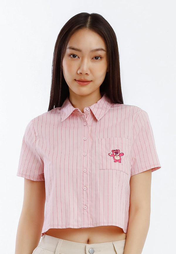 Forest x Disney Lotso Ladies Embroidery Striped Cropped Shirt Women Short Sleeve Shirt - FW820118