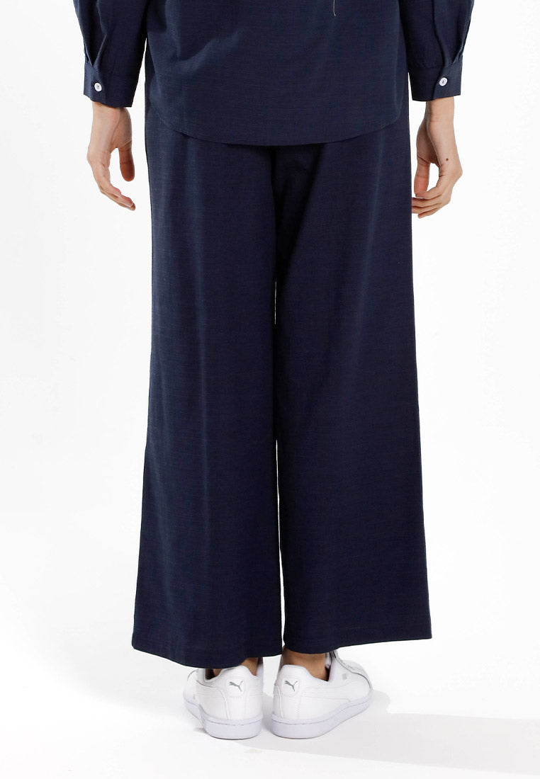 Forest Ladies Cotton Linen Pleated Wide Leg Pants Women Elastic Waist Long Pants | Seluar Panjang Palazzo - 810514