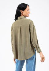 Forest Ladies Woven Long Sleeve Plain Oversized Shirt | Baju Kemeja Perempuan - 822367