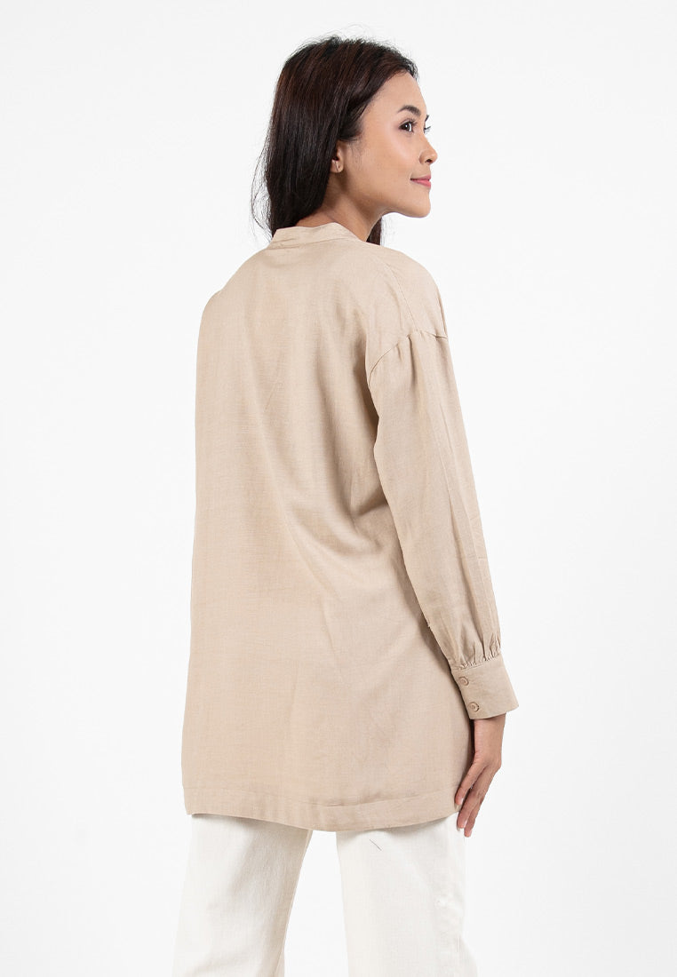 Forest Ladies Linen Oversized Band Collar Plain Blouse Women Long Sleeve Tunic | Baju Perempuan - 822391