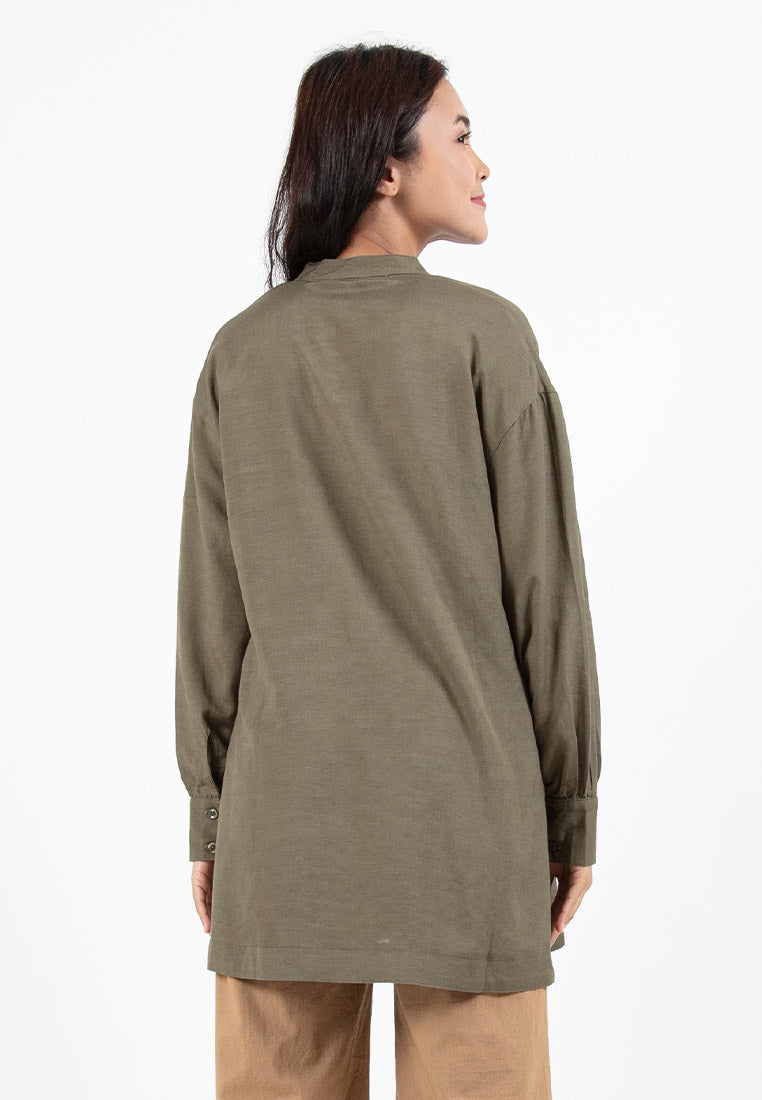 Forest Ladies Linen Oversized Band Collar Plain Blouse Women Long Sleeve Tunic | Baju Perempuan - 822391