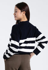 Forest Ladies Casual Striped Polo Long Sleeve Sweater Knit Top | Baju Lengan Panjang Perempuan - 822395