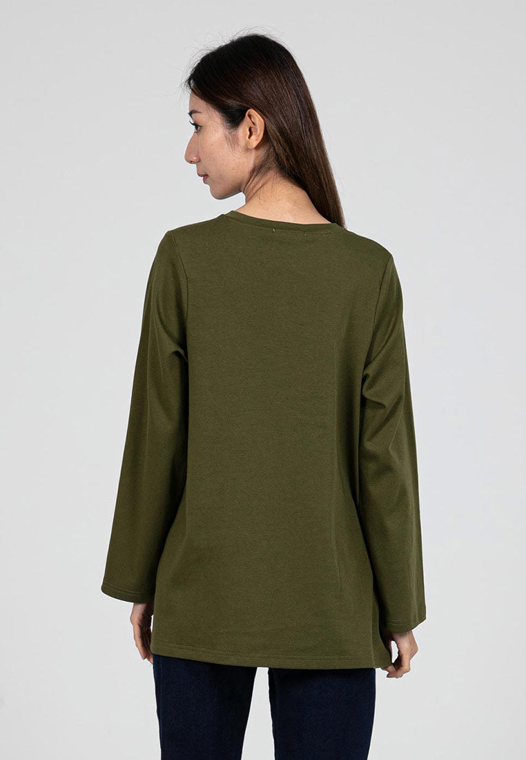 Forest Ladies Cotton Interlock Long Sleeve Round Neck T-Shirt Women Loose Fit | Baju Lengan Panjang Perempuan- 822414