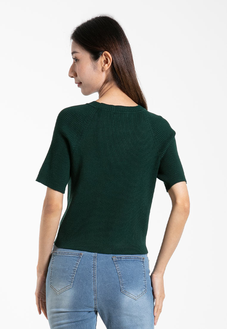 Forest Ladies Round Neck Knit Top Women Raglan Sleeve Cropped Top - 822426